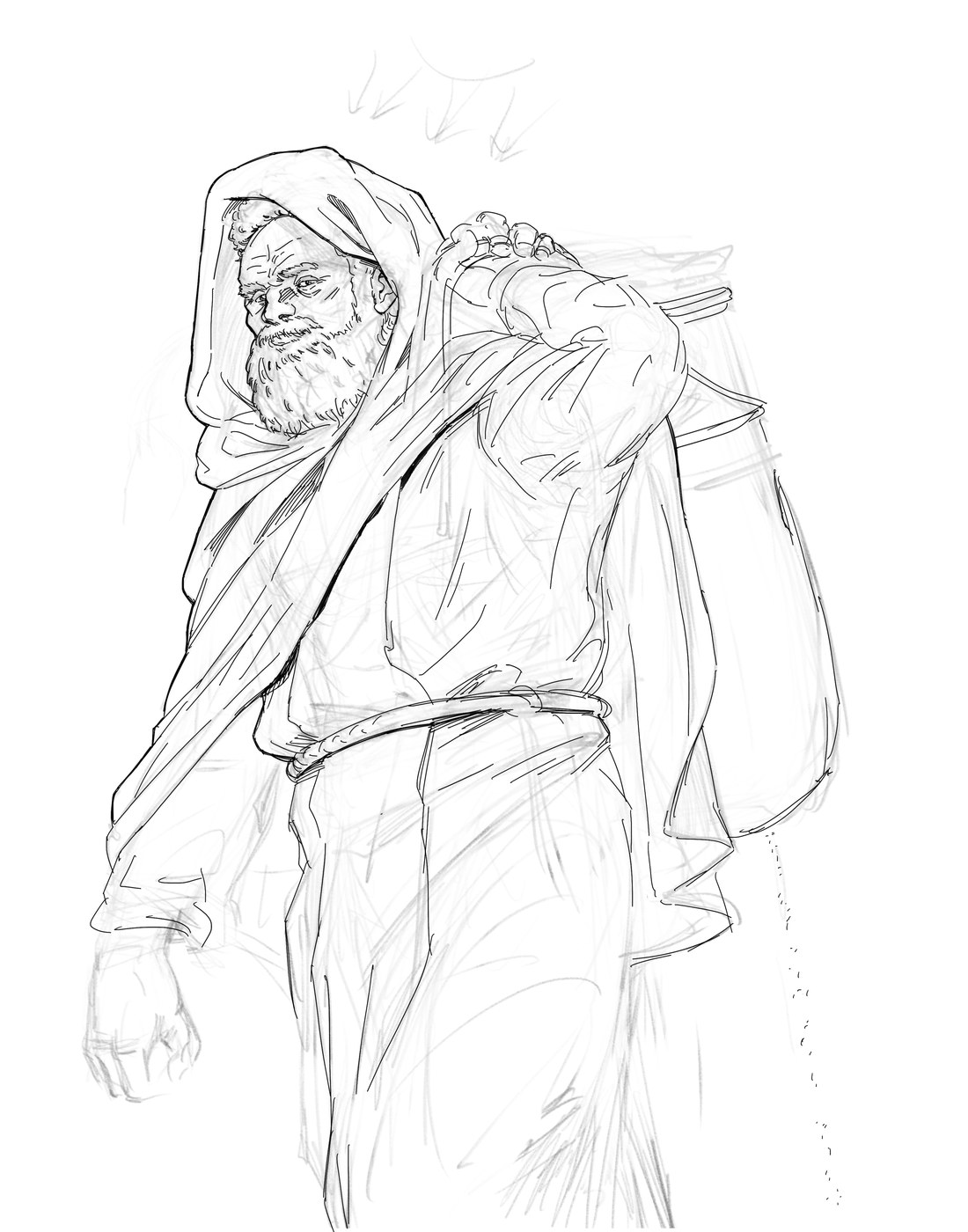 Work in progress sketch of St. Moses the Black, a hooded, bearded figure carrying a bundle over his shoulder